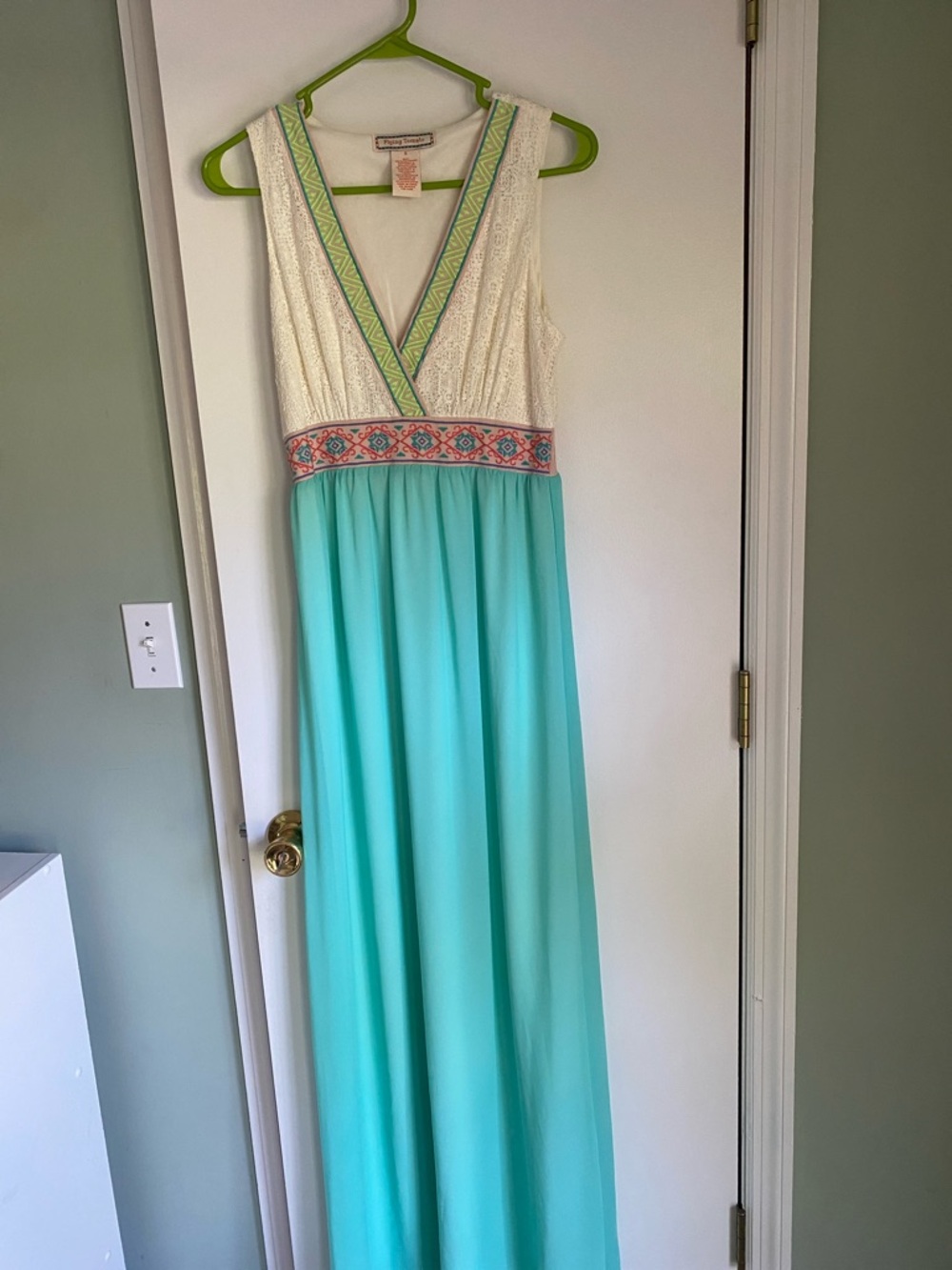 Flying Tomato Cream Lace Top Aqua Maxi Dress with Pink Accent